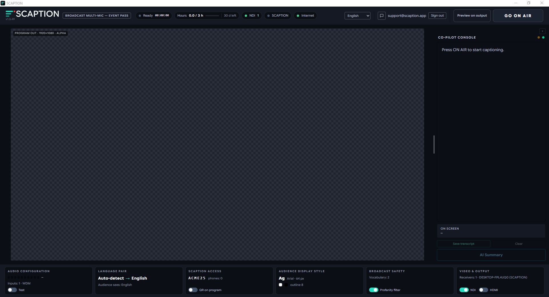 Real screenshot of the SCAPTION desktop app, ready to go live