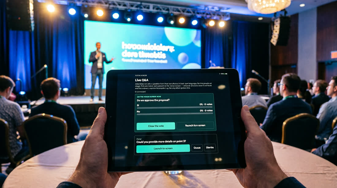 A moderator with a tablet launching a vote during a panel discussion