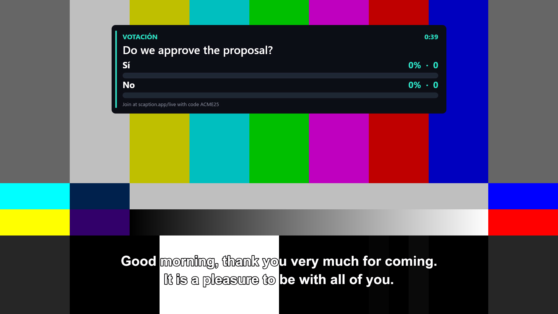 Live poll shown on the venue screen, with real-time captions