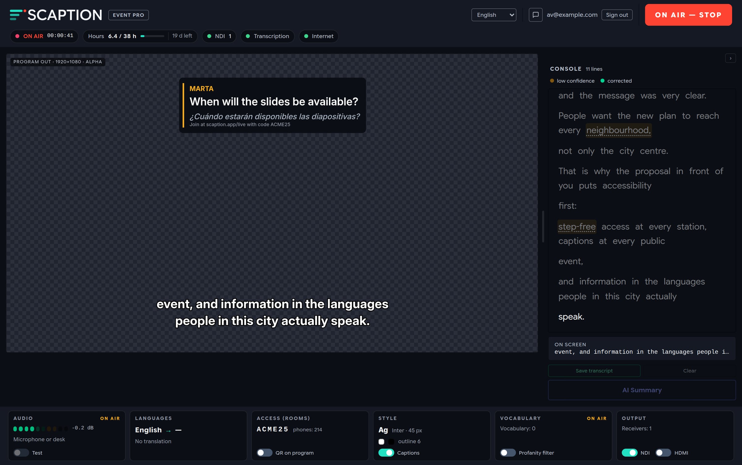 The SCAPTION desktop app on air: the programme output with an audience question and the captions, and the live transcript beside it