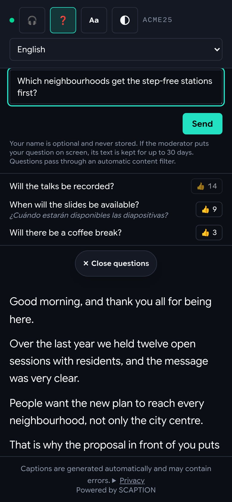 An attendee’s phone sending a question and upvoting other people’s