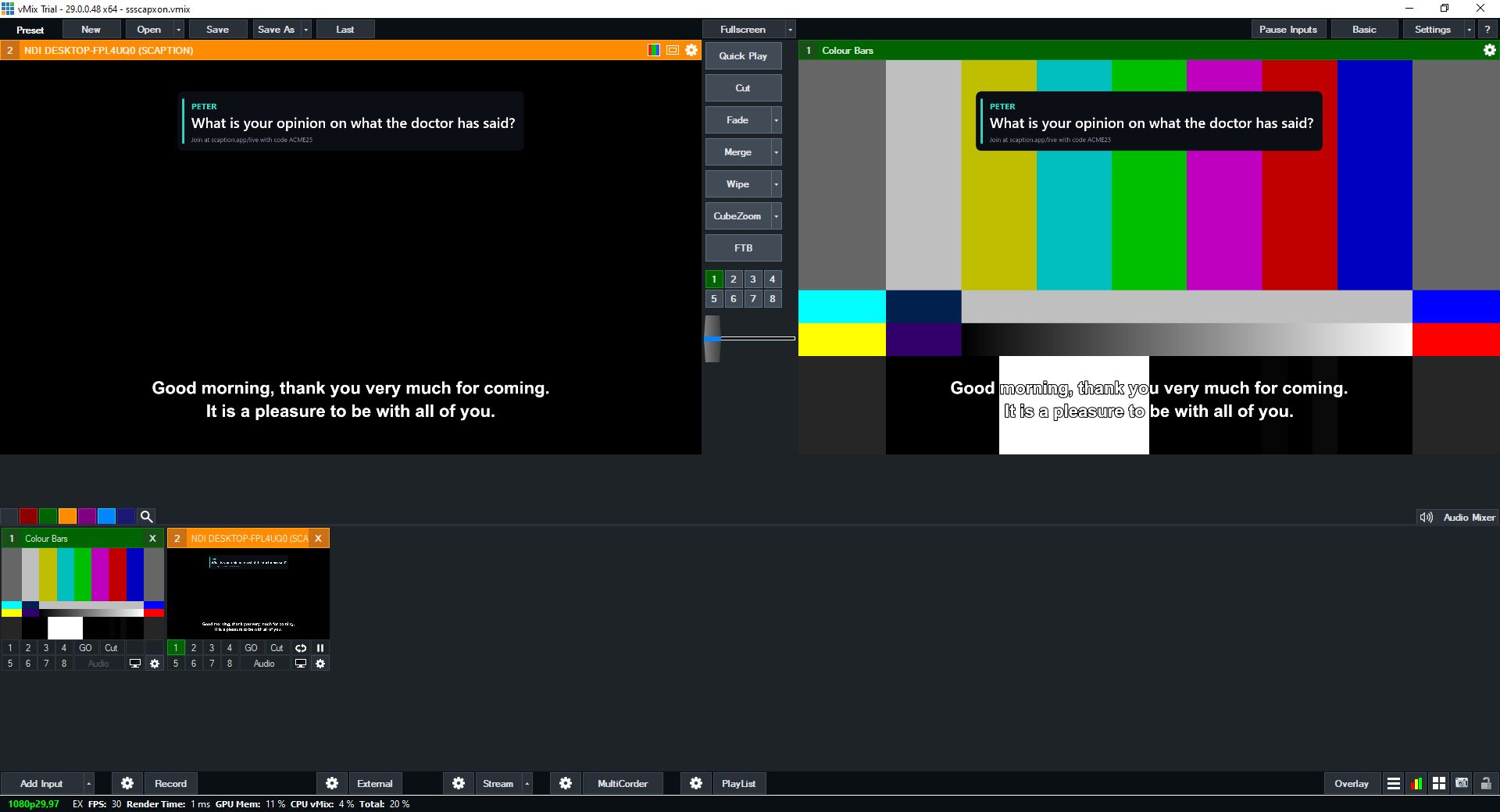 vMix receiving SCAPTION's live NDI alpha output, with captions and a question card composited over video